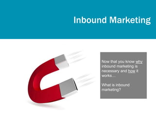 Inbound Marketing



      Now that you know why
      inbound marketing is
      necessary and how it
      works…

      What is inbound
      marketing?
 