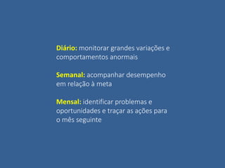 Diário: monitorar grandes variações e
comportamentos anormais
Semanal: acompanhar desempenho
em relação à meta
Mensal: identificar problemas e
oportunidades e traçar as ações para
o mês seguinte
 