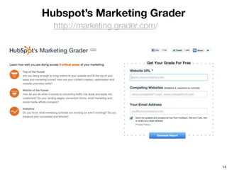 Hubspot’s Marketing Grader
  http://marketing.grader.com/




                                 14
 