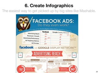 6. Create Infographics
The easiest way to get picked up by big sites like Mashable.




                                                               24
 