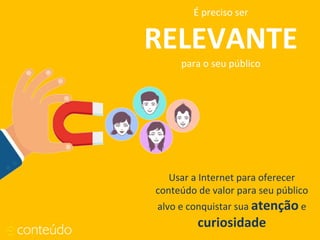 É preciso ser
RELEVANTE
para o seu público
Usar a Internet para oferecer
conteúdo de valor para seu público
alvo e conquistar sua atenção e
curiosidade
 