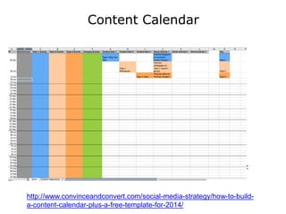 Content Calendar
http://www.convinceandconvert.com/social-media-strategy/how-to-build-a-
content-calendar-plus-a-free-temp...
