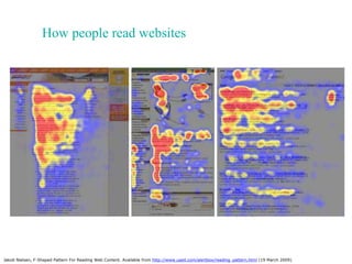 How people read websites
Jakob Nielsen, F-Shaped Pattern For Reading Web Content. Available from http://www.useit.com/aler...