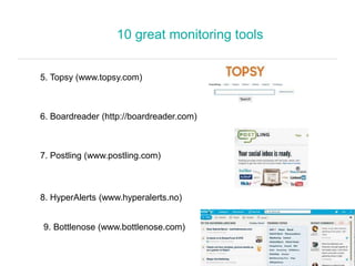 Top 10 Free online tools
1. Tweettbinder
(www.tweetbinder.com)
#Hashtag monitoring
2. Hashtracking
(www.Hashtracking.com)
...