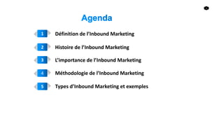 3
1
2
3
4
Définition de l’Inbound Marketing
Histoire de l’Inbound Marketing
L’importance de l’Inbound Marketing
Méthodologie de l’Inbound Marketing
5 Types d’Inbound Marketing et exemples
 