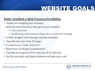 GOAL: Establish a Web Presence/Credibility
• People are Googling your company
• What do they find when they get to your we...