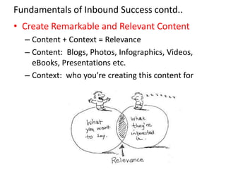 • Create Remarkable and Relevant Content
– Content + Context = Relevance
– Content: Blogs, Photos, Infographics, Videos,
e...