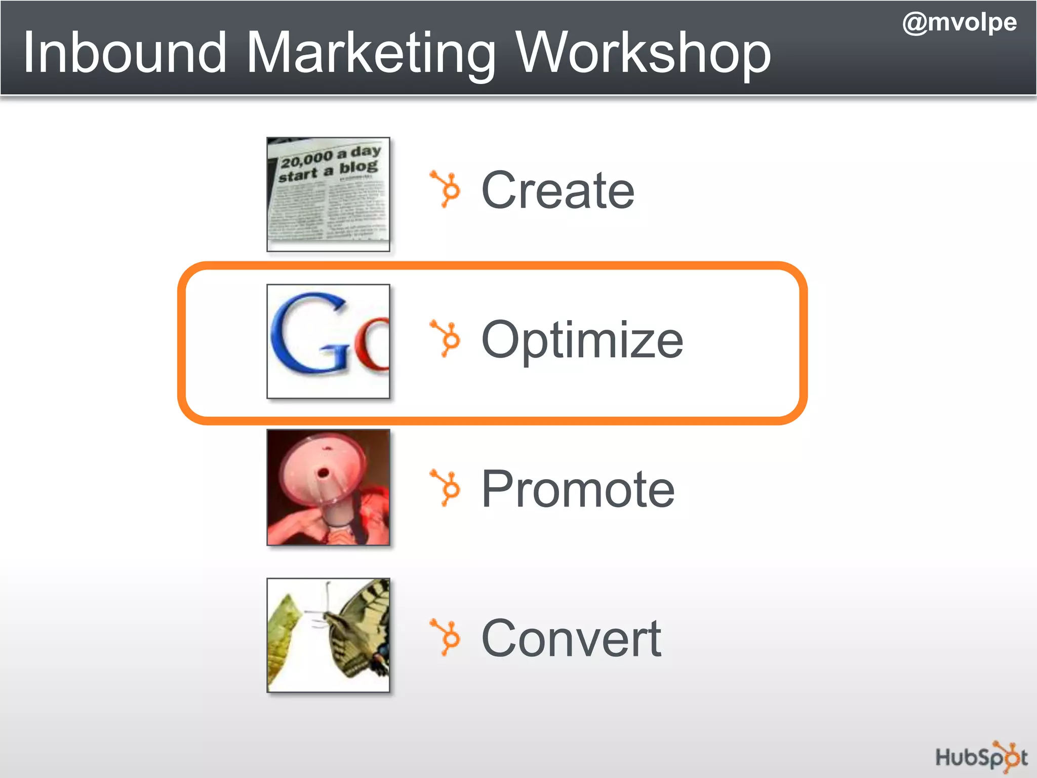 Inbound Marketing Workshop@mvolpe Create Optimize Promote Convert