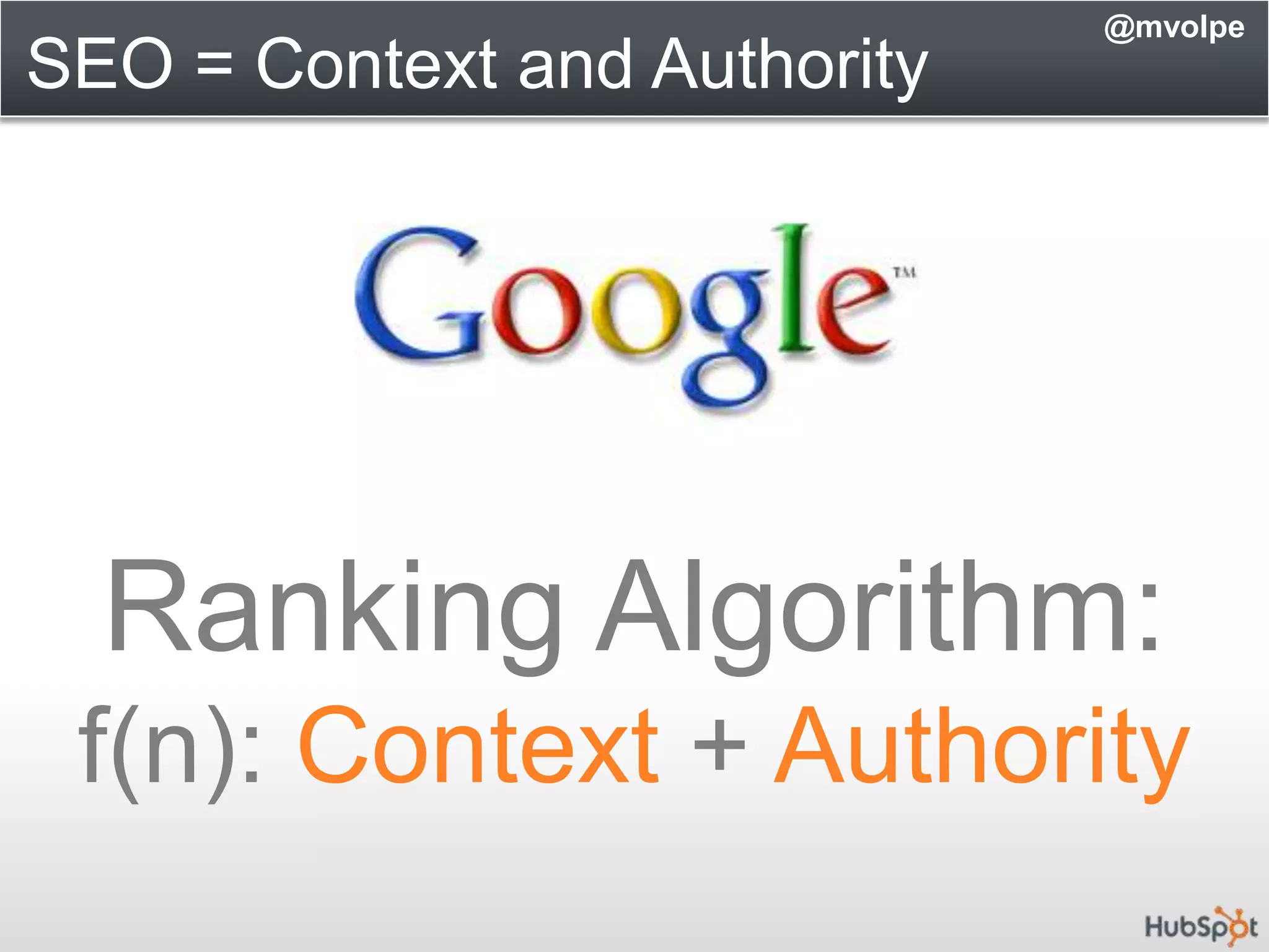 SEO = Context and Authority@mvolpeRanking Algorithm:f(n): Context + Authority