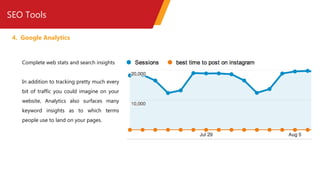 SEO Tools
4. Google Analytics
Complete web stats and search insights
In addition to tracking pretty much every
bit of traffic you could imagine on your
website, Analytics also surfaces many
keyword insights as to which terms
people use to land on your pages.
 