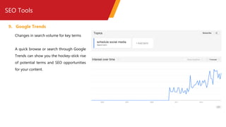 SEO Tools
9. Google Trends
Changes in search volume for key terms
A quick browse or search through Google
Trends can show you the hockey-stick rise
of potential terms and SEO opportunities
for your content.
 