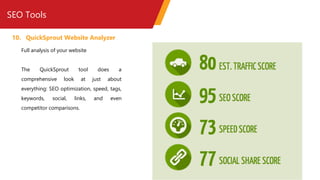SEO Tools
10. QuickSprout Website Analyzer
Full analysis of your website
The QuickSprout tool does a
comprehensive look at just about
everything: SEO optimization, speed, tags,
keywords, social, links, and even
competitor comparisons.
 
