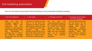 Full marketing automation
1. Do Your Research: 2. Set Goals: 3. Evaluate and Test: 4. Integrate Social media
into Your Strategy:
Make sure that the
messages triggered for
customers reflect their
interactions with your
company at that particular
point. If they became a lead
after downloading a
particular type of content,
the follow-up messages
should align with that field
of interest.
The point of sending an email
series is to not push your
customers to make a decision
before they are ready to make
one. Masking the same call-
to-action under three
different emails will do you no
good. The goal of each email
should be a distinct step in
the decision-making process.
Put the work into
understanding the impact of
your campaigns. Specifically
for emails, test different
relevant content, subject
lines, and calls-to-action.
Make sure your campaigns
don't run on autopilot
without the necessary
evaluation.
"Social media transformed
the way buyers use the
internet. Buyers seek to
engage with vendors
interactively, clarifying,
sharing ideas, and asking
questions rather than
simply being an audience
for sales and marketing
messages."
Here are a few pieces of groundwork that should be part of any automated marketing campaign:
 