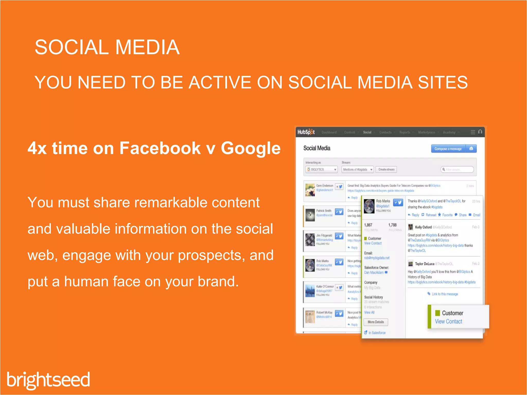 4x time on Facebook v Google
You must share remarkable content
and valuable information on the social
web, engage with your prospects, and
put a human face on your brand.
SOCIAL MEDIA
YOU NEED TO BE ACTIVE ON SOCIAL MEDIA SITES
 