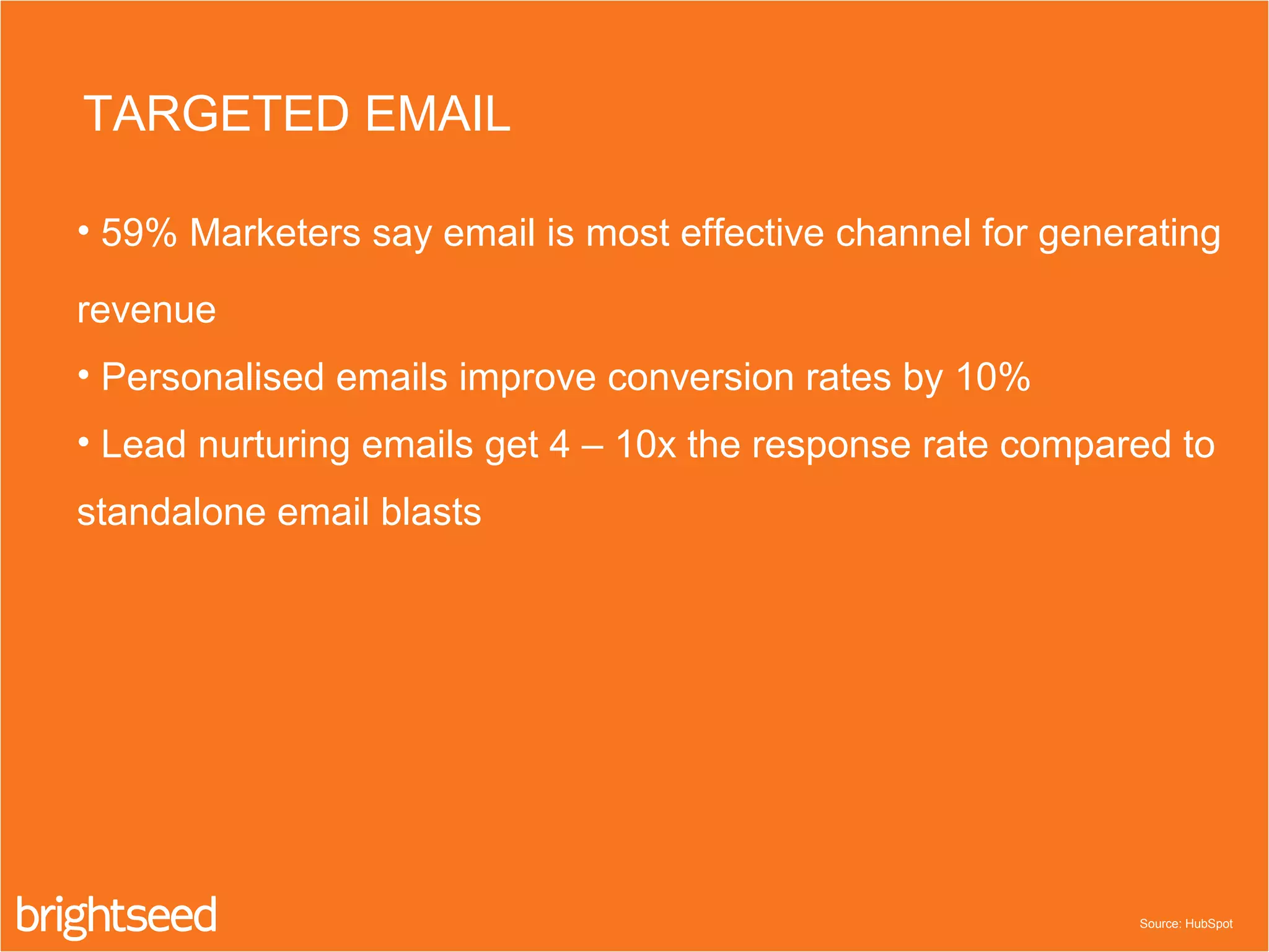 • 59% Marketers say email is most effective channel for generating
revenue
• Personalised emails improve conversion rates by 10%
• Lead nurturing emails get 4 – 10x the response rate compared to
standalone email blasts
TARGETED EMAIL
Source: HubSpot
 