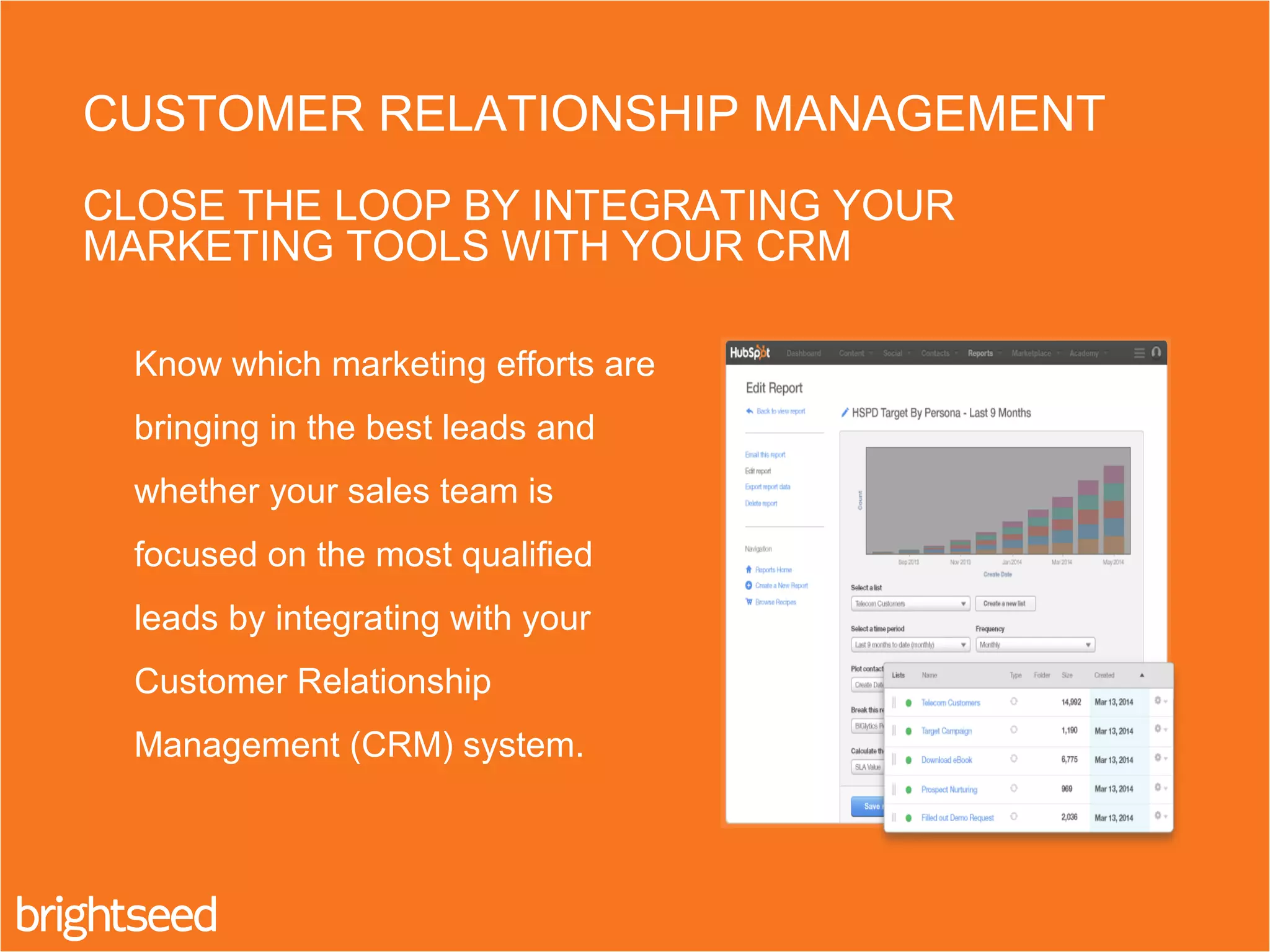 Know which marketing efforts are
bringing in the best leads and
whether your sales team is
focused on the most qualified
leads by integrating with your
Customer Relationship
Management (CRM) system.
CUSTOMER RELATIONSHIP MANAGEMENT
CLOSE THE LOOP BY INTEGRATING YOUR
MARKETING TOOLS WITH YOUR CRM
 