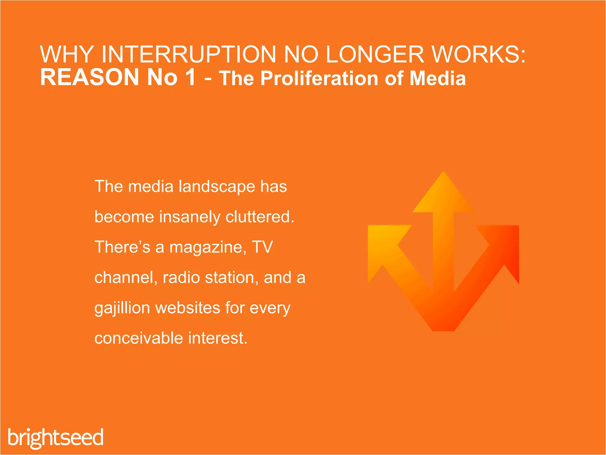 1. The media landscape has
become insanely cluttered.
There’s a magazine, TV
channel, radio station, and a
gajillion websites for every
conceivable interest.
WHY INTERRUPTION NO LONGER WORKS:
REASON No 1 - The Proliferation of Media
 
