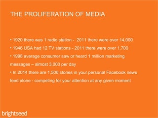 THE PROLIFERATION OF MEDIA
• 1920 there was 1 radio station - 2011 there were over 14,000
• 1946 USA had 12 TV stations - 2011 there were over 1,700
• 1998 average consumer saw or heard 1 million marketing
messages – almost 3,000 per day
• In 2014 there are 1,500 stories in your personal Facebook news
feed alone - competing for your attention at any given moment
 