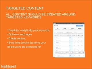 TARGETED CONTENT
ALL CONTENT SHOULD BE CREATED AROUND
TARGETED KEYWORDS
• Carefully, analytically pick keywords
• Optimise web pages
• Create content
• Build links around the terms your
ideal buyers are searching for
 