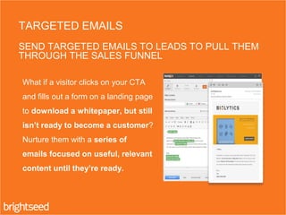 What if a visitor clicks on your CTA
and fills out a form on a landing page
to download a whitepaper, but still
isn’t ready to become a customer?
Nurture them with a series of
emails focused on useful, relevant
content until they’re ready.
TARGETED EMAILS
SEND TARGETED EMAILS TO LEADS TO PULL THEM
THROUGH THE SALES FUNNEL
 