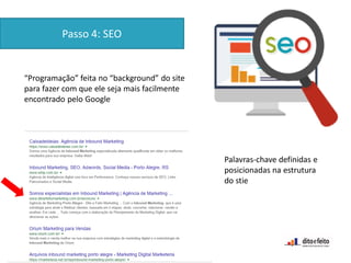 Passo 4: SEO
“Programação” feita no “background” do site
para fazer com que ele seja mais facilmente
encontrado pelo Google
Palavras-chave definidas e
posicionadas na estrutura
do stie
 