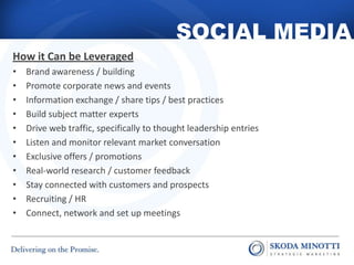 SOCIAL MEDIA
How it Can be Leveraged
•
•
•
•
•
•
•
•
•
•
•

Brand awareness / building
Promote corporate news and events
I...