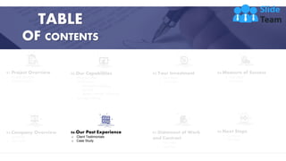 22
TABLE
OF CONTENTS
01.Project Overview
o Project Context
o Project Goals
05.Company Overview
o About Us
o Our Team
06.Our Past Experience
o Client Testimonials
o Case Study
02.Our Capabilities
o What we Offer
o Our Process
• Foundation Building
• Launch
• Report, Revise, Relaunch
o Services Offered
03.Your Investment
o Text Here
o Text Here
07.Statement of Work
and Contract
o Text Here
o Text Here
04.Measure of Success
o Text Here
o Text Here
09.Next Steps
o Text Here
o Text Here
 