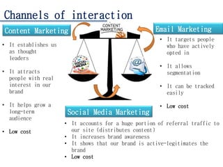 Social Media Marketing
Email MarketingContent Marketing
• It establishes us
as thought
leaders
• It attracts
people with real
interest in our
brand
• It helps grow a
long-term
audience
• Low cost
• It accounts for a huge portion of referral traffic to
our site (distributes content)
• It increases brand awareness
• It shows that our brand is active-legitimates the
brand
• Low cost
• It targets people
who have actively
opted in
• It allows
segmentation
• It can be tracked
easily
• Low cost
Channels of interaction
 
