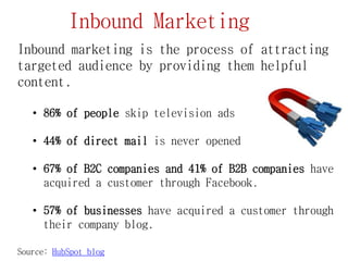 Inbound Marketing
Inbound marketing is the process of attracting
targeted audience by providing them helpful
content.
• 86% of people skip television ads
• 44% of direct mail is never opened
• 67% of B2C companies and 41% of B2B companies have
acquired a customer through Facebook.
• 57% of businesses have acquired a customer through
their company blog.
Source: HubSpot blog
 