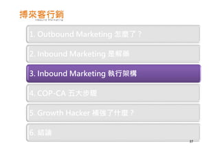 1. Outbound Marketing 怎麼了 ?
2. Inbound Marketing 是解藥
3. Inbound Marketing 執行架構
4. COP-CA 五大步驟
5. Growth Hacker 補強了什麼 ?
6. 結論
37
 