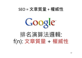 SEO = 文章質量 + 權威性
排名演算法邏輯:
f(n): 文章質量 + 權威性
57
 