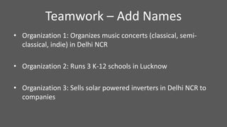 Teamwork – Add Names
• Organization 1: Organizes music concerts (classical, semi-
classical, indie) in Delhi NCR
• Organization 2: Runs 3 K-12 schools in Lucknow
• Organization 3: Sells solar powered inverters in Delhi NCR to
companies
 