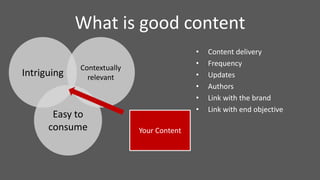 What is good content
Contextually
relevantIntriguing
Easy to
consume Your Content
• Content delivery
• Frequency
• Updates
• Authors
• Link with the brand
• Link with end objective
 
