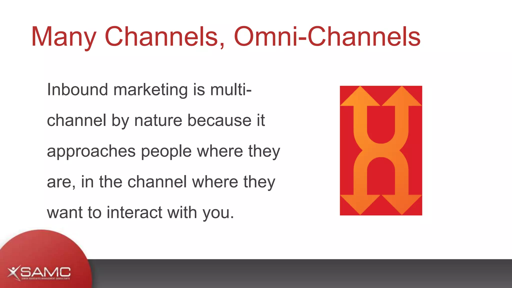 Inbound marketing is multi-
channel by nature because it
approaches people where they
are, in the channel where they
want to interact with you.
Many Channels, Omni-Channels
 