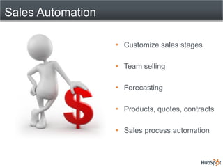 Sales Automation

                   Customize sales stages

                   Team selling

                   Forecasting

                   Products, quotes, contracts

                   Sales process automation
 