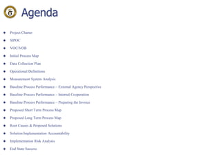 Agenda
 Project Charter
 SIPOC
 VOC/VOB
 Initial Process Map
 Data Collection Plan
 Operational Definitions
 Measurement System Analysis
 Baseline Process Performance – External Agency Perspective
 Baseline Process Performance – Internal Cooperation
 Baseline Process Performance – Preparing the Invoice
 Proposed Short Term Process Map
 Proposed Long Term Process Map
 Root Causes & Proposed Solutions
 Solution Implementation Accountability
 Implementation Risk Analysis
 End State Success
 