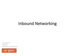 Inbound Networking



Peter Caputa IV
6/22/2012
Collaborative Growth Network
 