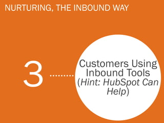 NURTURING, THE INBOUND WAY




   3
                Customers Using
                 Inbound Tools
               (Hint: HubSpot Can
                       Help)
 