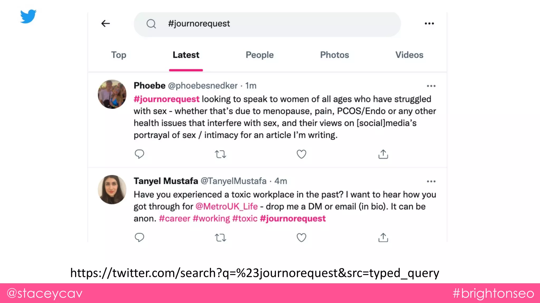 @staceycav #brightonseo
https://twitter.com/search?q=%23journorequest&src=typed_query
 