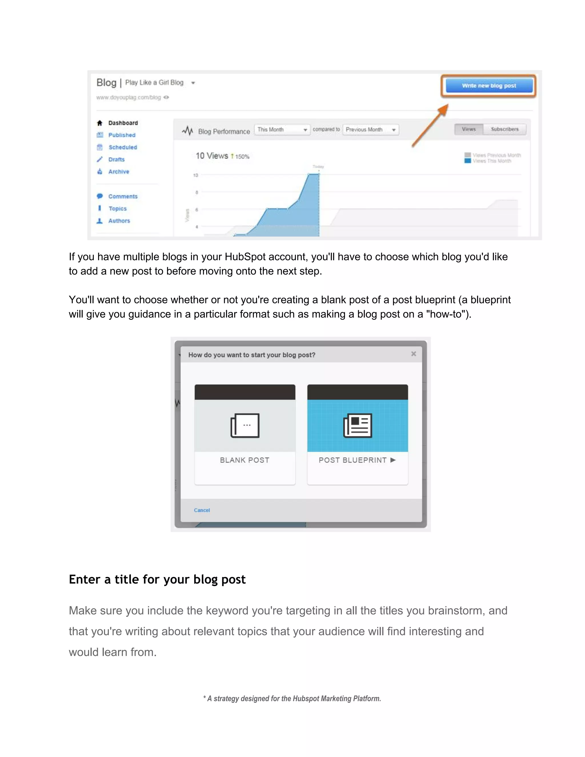  
If you have multiple blogs in your HubSpot account, you'll have to choose which blog you'd like 
to add a new post to before moving onto the next step. 
 
You'll want to choose whether or not you're creating a blank post of a post blueprint (a blueprint 
will give you guidance in a particular format such as making a blog post on a "how­to"). 
 
 
Enter a title for your blog post
Make sure you include the keyword you're targeting in all the titles you brainstorm, and 
that you're writing about relevant topics that your audience will find interesting and 
would learn from. 
* A strategy designed for the Hubspot Marketing Platform. 
 