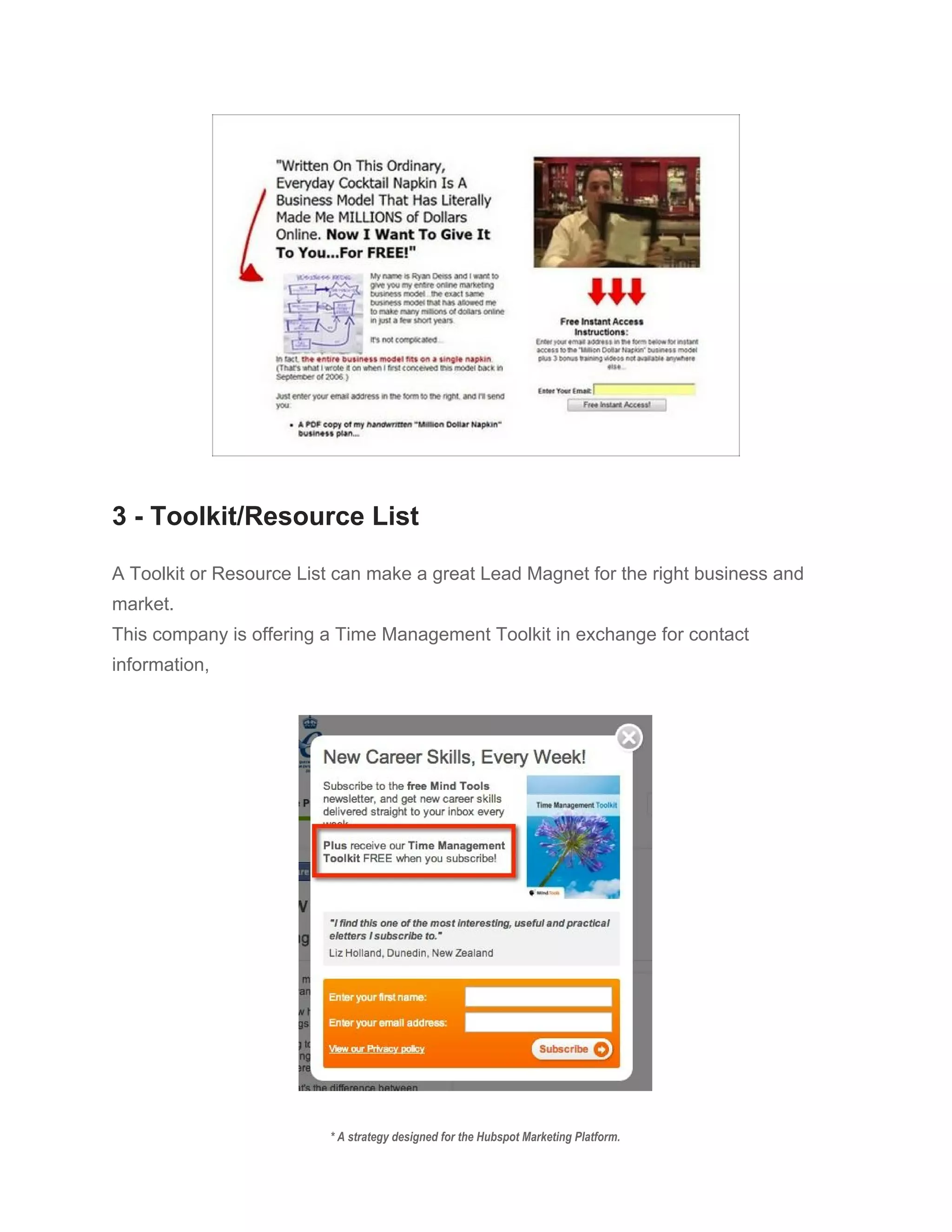  
 
3 ­ Toolkit/Resource List 
 
A Toolkit or Resource List can make a great Lead Magnet for the right business and 
market. 
This company is offering a Time Management Toolkit in exchange for contact 
information, 
 
 
* A strategy designed for the Hubspot Marketing Platform. 
 