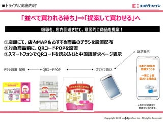Copyright 2013 cocokarafine Inc. All rights Reserved.
チラシ設置・配布
日本で30年の
信頼ブランド
一家に１個
愛される理由は
QRコードPOP スマホで読込
訴求表示
①店頭にて、店内MAP＆おすすめ商品のチラシを設置配布
②対象商品前に、QRコードPOPを設置
③スマートフォンでQRコードを読み込むと中国語訴求ページ表示
＊表記は簡体字/
繁体字になります。
彼等を、店内回遊させて、意図的に商品を提案！
「並べて買われる待ち」⇒「提案して買わせる」へ
14
■トライアル実施内容
 