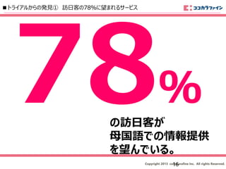 Copyright 2013 cocokarafine Inc. All rights Reserved.
％
の訪日客が
母国語での情報提供
を望んでいる。
■トライアルからの発見① 訪日客の78％に望まれるサービス
16
 
