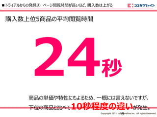 Copyright 2013 cocokarafine Inc. All rights Reserved.
■トライアルからの発見④ ページ閲覧時間が長いほど、購入数は上がる
購入数上位5商品の平均閲覧時間
秒
商品の単価や特性にもよるため、一概には言えないですが、
下位の商品と比べて10秒程度の違いが発生。
19
 