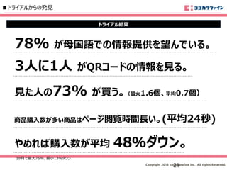 Copyright 2013 cocokarafine Inc. All rights Reserved.
■トライアルからの発見
3人に1人 がQRコードの情報を見る。
見た人の73% が買う。（最大1.6個、平均0.7個）
トライアル結果
やめれば購入数が平均 48％ダウン。
1ヶ月で最大75％、最小13％ダウン
78% が母国語での情報提供を望んでいる。
商品購入数が多い商品はページ閲覧時間長い。(平均24秒)
21
 