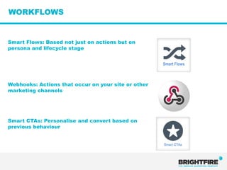 WORKFLOWS


Smart Flows: Based not just on actions but on
persona and lifecycle stage


                                                     Smart Flows



Webhooks: Actions that occur on your site or other
marketing channels




Smart CTAs: Personalise and convert based on
previous behaviour
 