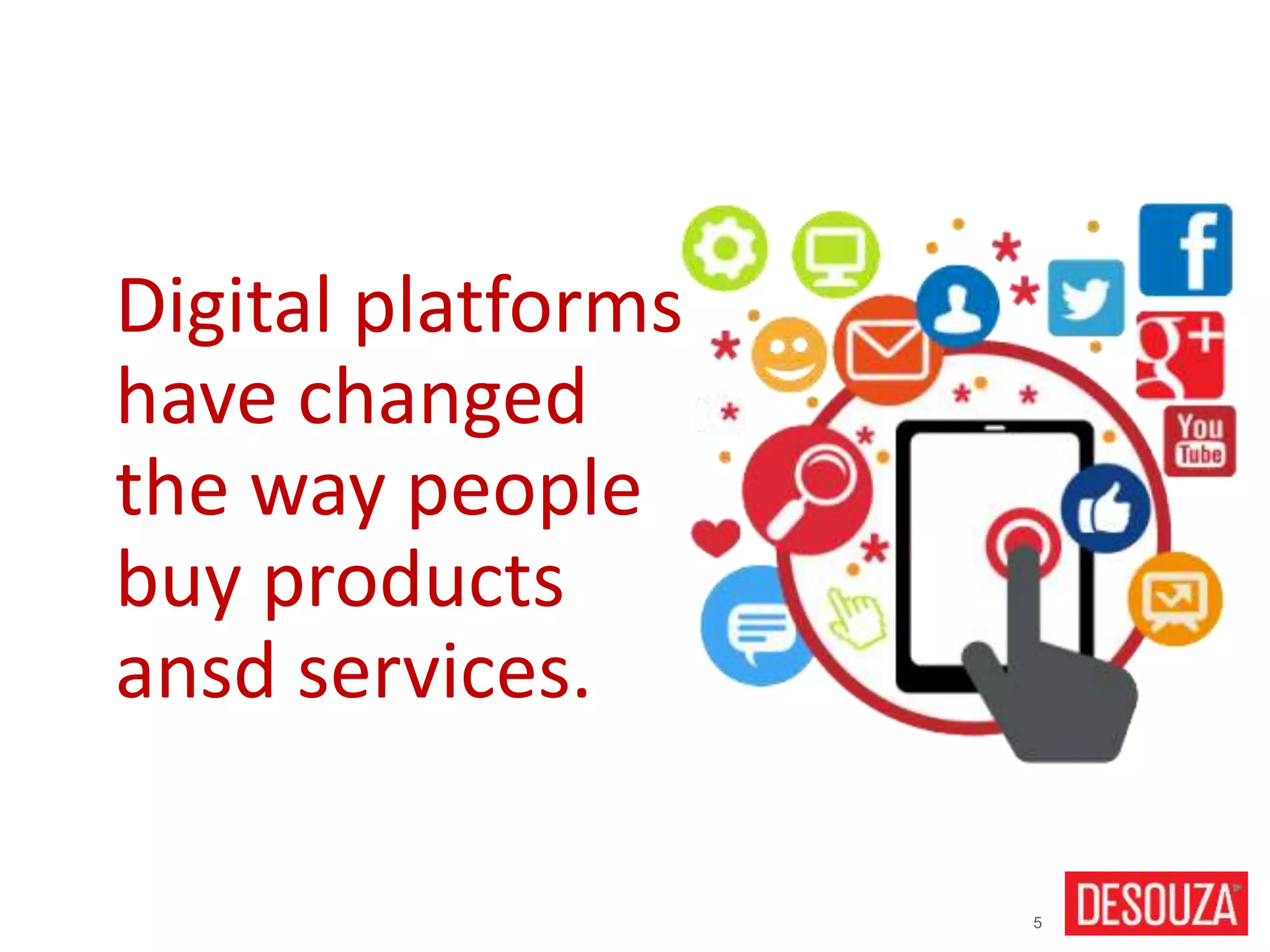5
Digital platforms
have changed
the way people
buy products
ansd services.
 