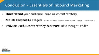 • Understand your audience. Build a Content Strategy.
• Match Content to Stages: AWARENESS • CONSIDERATION • DECISION • EN...
