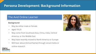Persona Development: Background Information
The Avid Online Learner
Background
• May be either male or female
• Aged 18-25...