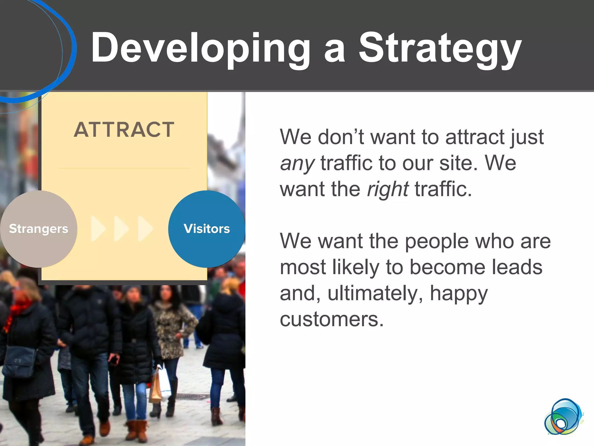Developing a Strategy
We don’t want to attract just
any traffic to our site. We
want the right traffic.
We want the people who are
most likely to become leads
and, ultimately, happy
customers.
 